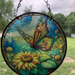 Vibrant Butterfly and Sunflower Glass Sun Catcher
